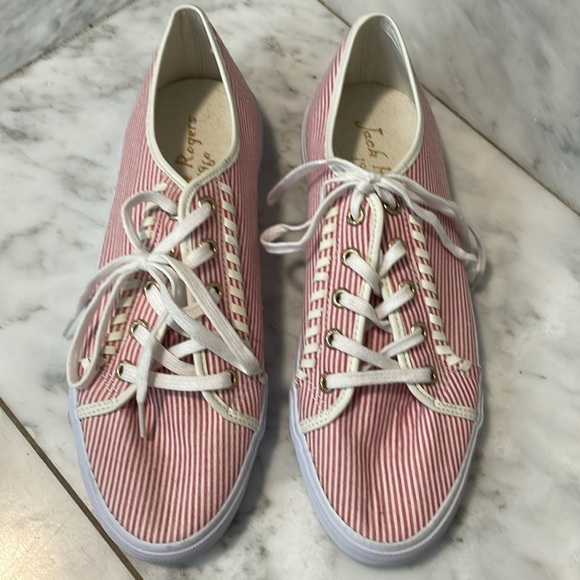 Jack Rogers 1960,  size 9, red white tie stripe flat lace-up sneakers, like new - Picture 2 of 10